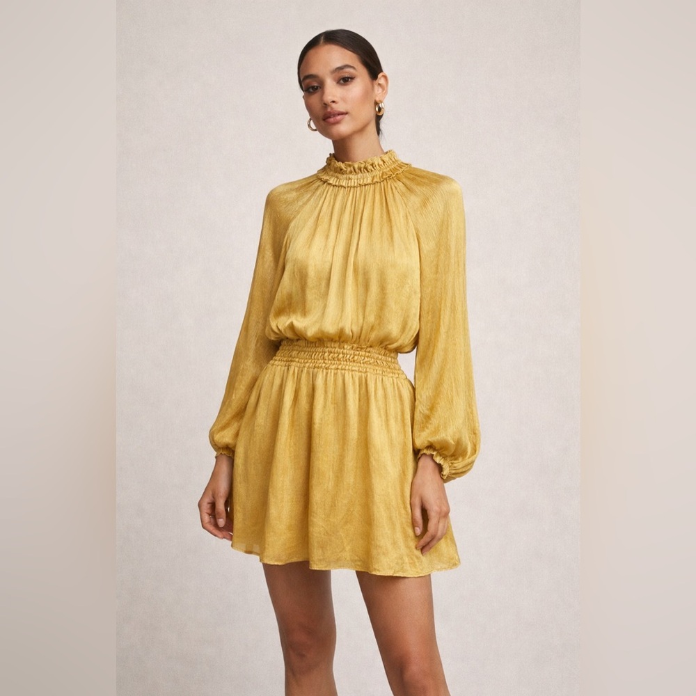 Brochu Walker Gold 100% Silk Smocked Waist Mini Dress Size S